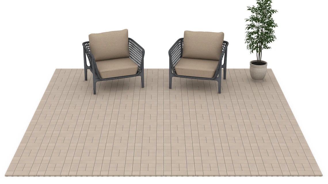 Beispielhafte Verlegung für den Artikel 6238 von WARCO - Panel Pattern – Deck Tile, Farbton Vanilla in der Abmessung 38,5 x 38,5 x 2 cm.