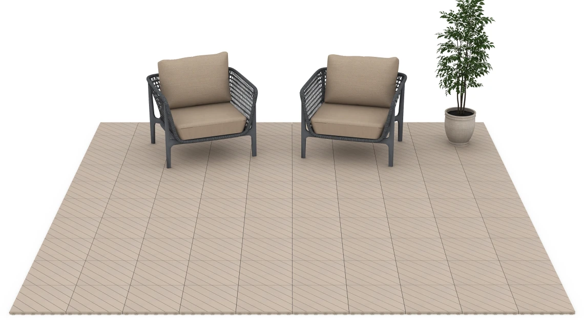 Beispielhafte Verlegung für den Artikel 6327 von WARCO - Herringbone – Deck Tile, Farbton Vanilla in der Abmessung 38,5 x 38,5 x 2 cm.