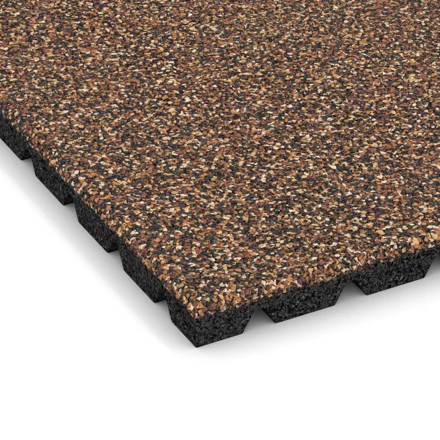 Detailaufnahme der Randausprägung von WARCO-Produkt 5332, Playground safety tile, Format 500 x 500 x 30 mm, Farbe Bark & Bast.