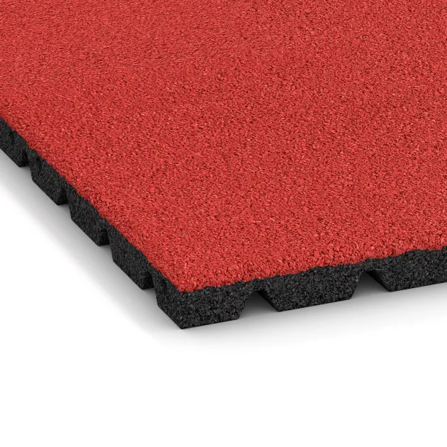 Detailaufnahme der Randausprägung von WARCO-Produkt 5474, Playground Safety Tile 3 cm - EN 1177 ≤ 100 cm, Format 500 x 500 x 30 mm, Farbe Rose.