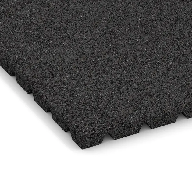 Detailaufnahme der Randausprägung von WARCO-Produkt 5462, Playground Safety Tile 3 cm - EN 1177 ≤ 100 cm, Format 500 x 500 x 30 mm, Farbe Anthracite.