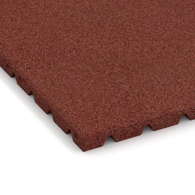 Detailaufnahme der Randausprägung von WARCO-Produkt 0575, Playground safety tile, Format 500 x 500 x 30 mm, Farbe Brick red.