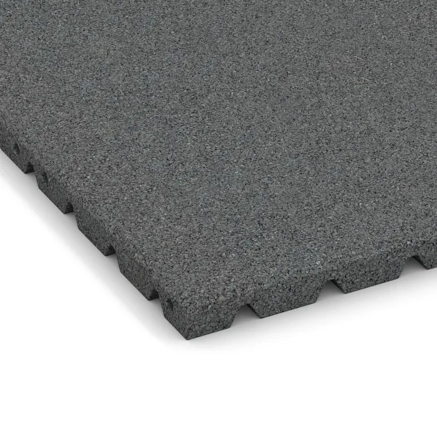 Detailaufnahme der Randausprägung von WARCO-Produkt 0577, Playground safety tile, Format 500 x 500 x 30 mm, Farbe Slate grey.