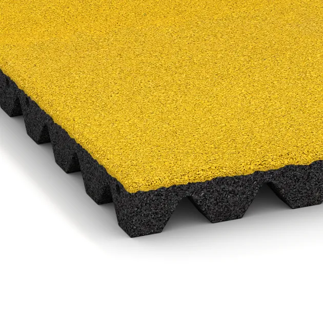 Detailaufnahme der Randausprägung von WARCO-Produkt 5537, Playground Safety Tile 4.5 cm - EN 1177 ≤ 135 cm, Format 500 x 500 x 45 mm, Farbe Lemon Yellow.
