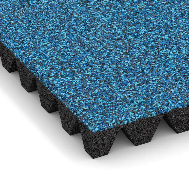 Detailaufnahme der Randausprägung von WARCO-Produkt 5583, Playground Safety Tile 5 cm - EN 1177 ≤ 145 cm, Format 500 x 500 x 50 mm, Farbe Atlantic.