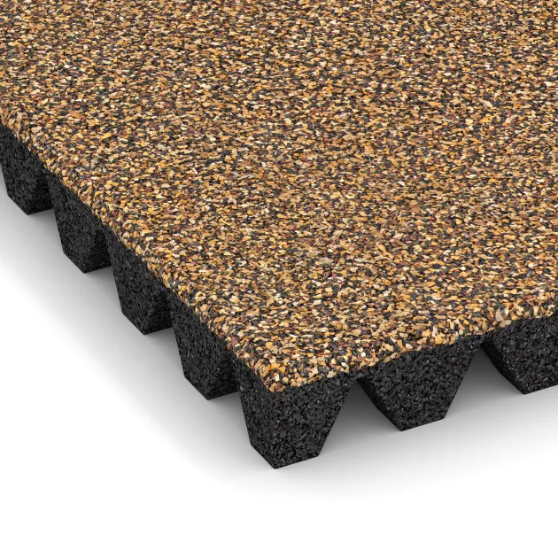 Detailaufnahme der Randausprägung von WARCO-Produkt 5586, Playground Safety Tile 5 cm - EN 1177 ≤ 145 cm, Format 500 x 500 x 50 mm, Farbe Rattan Lounge.