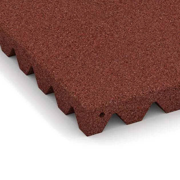 Detailaufnahme der Randausprägung von WARCO-Produkt 0691, Playground safety tile, Format 500 x 500 x 50 mm, Farbe Brick red.