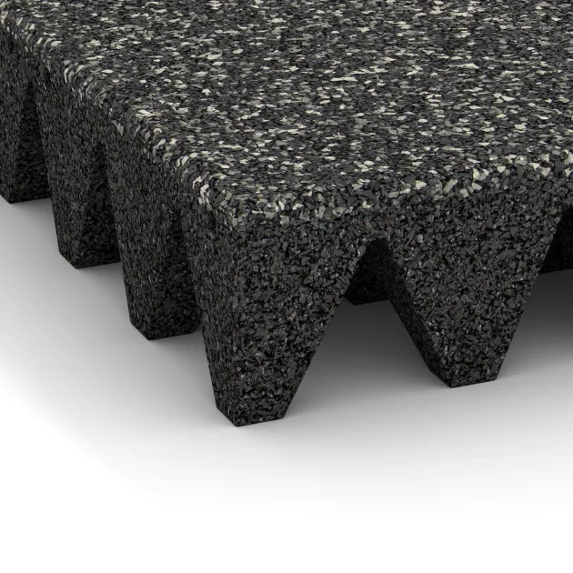 Detailaufnahme der Randausprägung von WARCO-Produkt 3710, Playground safety tile, Format 500 x 500 x 100 mm, Farbe Dark Grey Granite.