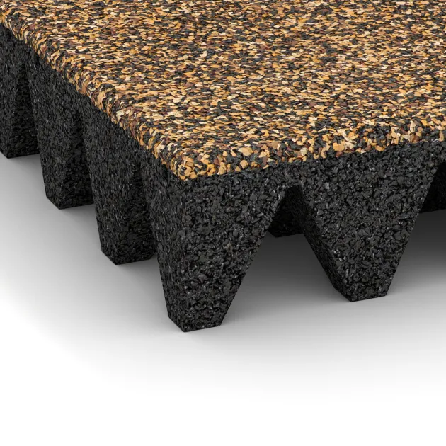 Detailaufnahme der Randausprägung von WARCO-Produkt 3702, Playground safety tile, Format 500 x 500 x 100 mm, Farbe Rattan Lounge.