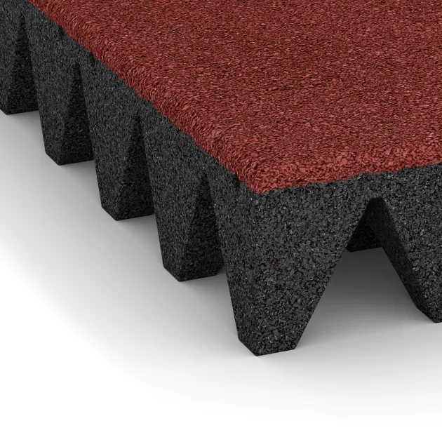 Detailaufnahme der Randausprägung von WARCO-Produkt 0734, Playground safety tile, Format 500 x 500 x 100 mm, Farbe Coral Red.