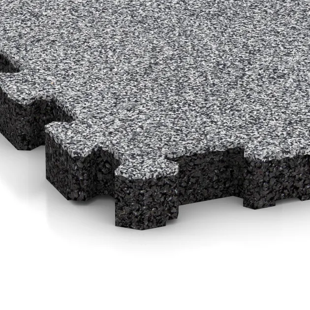 Detailaufnahme der Randausprägung von WARCO-Produkt 4456, Rubber click tile, Format 306 x 306 x 30 mm, Farbe Grey Melange.