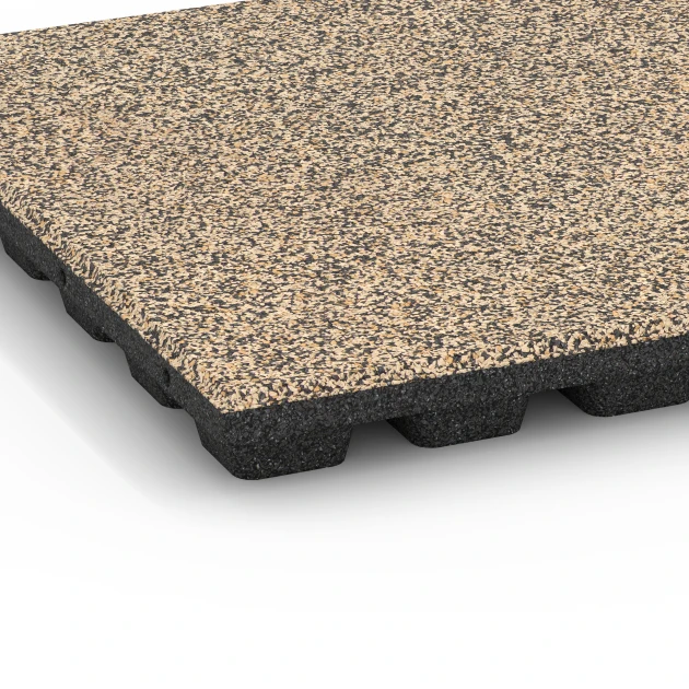 Detailaufnahme der Randausprägung von WARCO-Produkt 6437, Playground safety tile – CFH 160 cm, Format 50 x 50 x 4,8 cm, Farbe Travertine.
