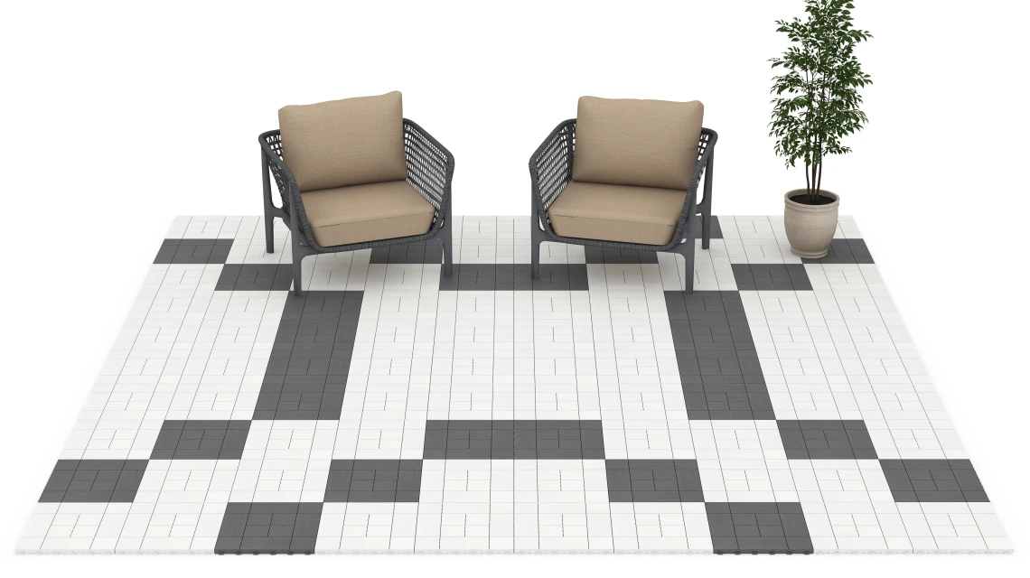 Beispielhafte Verlegung für den Artikel 6235 von WARCO - Panel Pattern – Deck Tile, Farbton Chalk in der Abmessung 38,5 x 38,5 x 2 cm.