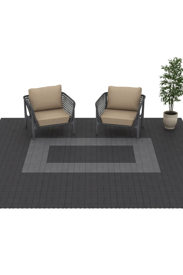 Beispielhafte Verlegung für den Artikel 6330 von WARCO - Block Pattern – Deck Tile, Farbton Silver Grey in der Abmessung 38,5 x 38,5 x 2 cm.
