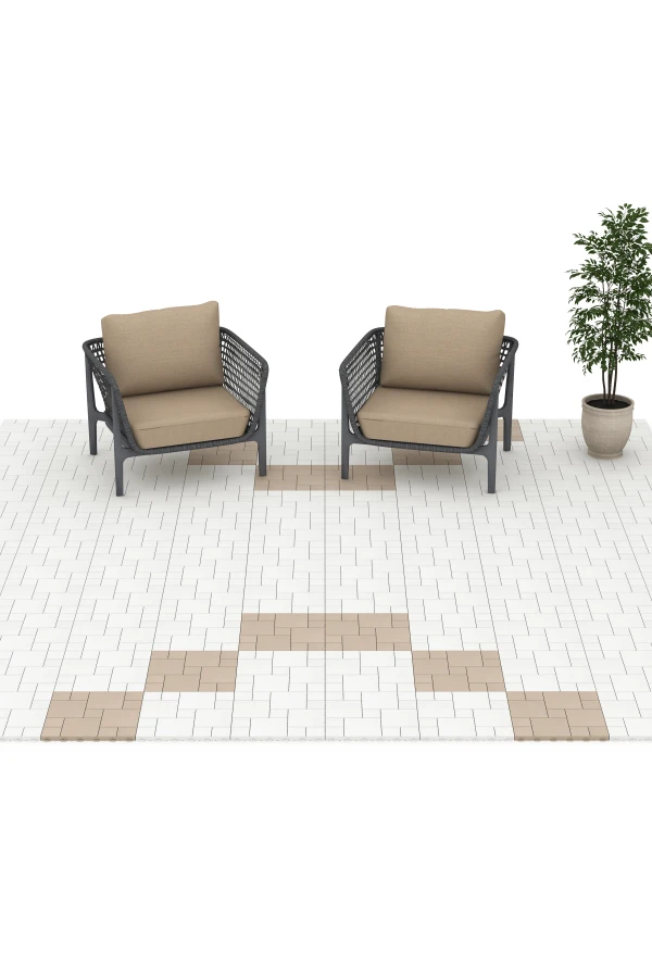 Beispielhafte Verlegung für den Artikel 6331 von WARCO - Block Pattern – Deck Tile, Farbton Vanilla in der Abmessung 38,5 x 38,5 x 2 cm.