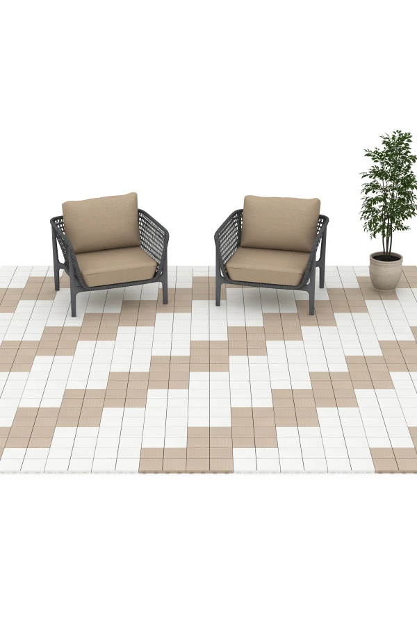 Beispielhafte Verlegung für den Artikel 6351 von WARCO - Mosaic – Deck Tile, Farbton Vanilla in der Abmessung 30 x 30 x 2 cm.