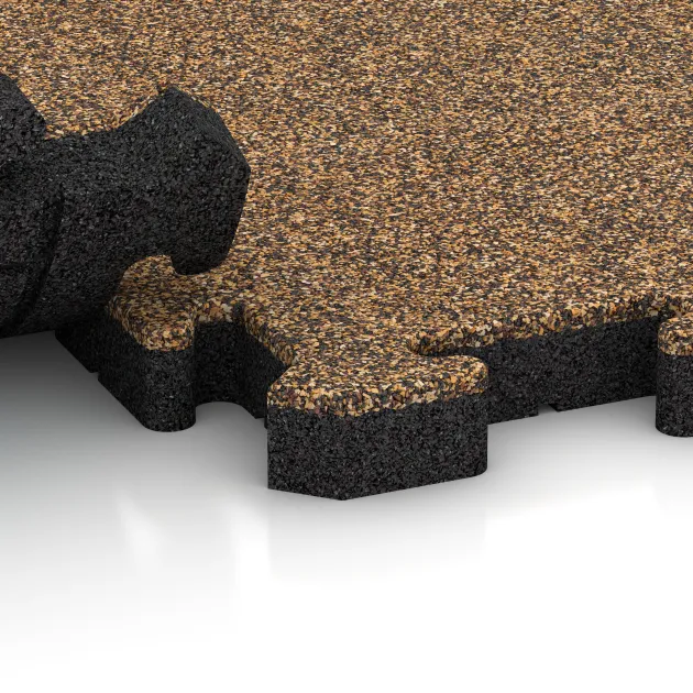 Großaufnahme vom Verbindungssystem von WARCO-Boden 4028 - Dog sports floor HD im Farbdesign Rattan Lounge. Abmessungen 500 x 500 x 40 mm.