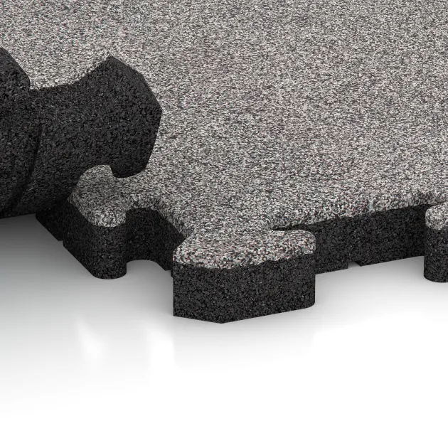 Großaufnahme vom Verbindungssystem von WARCO-Boden 4547 - Dog floor tile im Farbdesign Grey Melange. Abmessungen 500 x 500 x 40 mm.