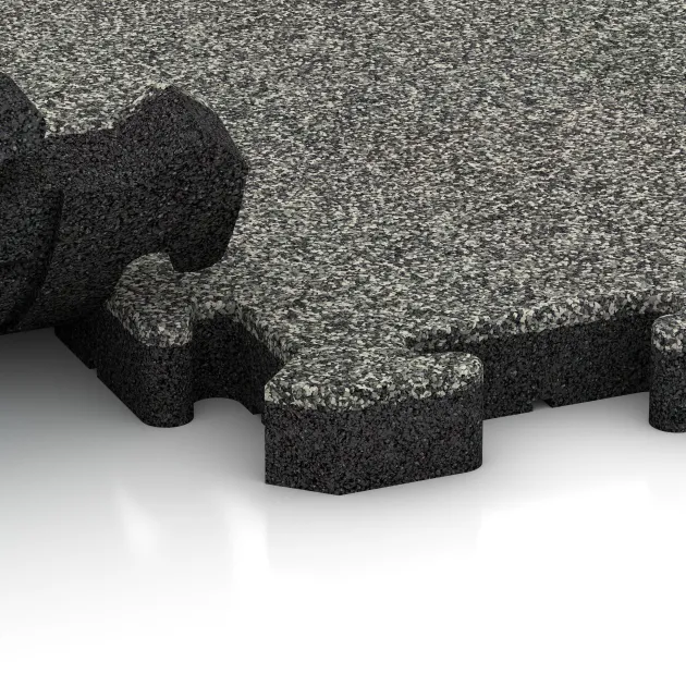 Großaufnahme vom Verbindungssystem von WARCO-Boden 3462 - Fitness Floor Protection Mat im Farbdesign Gray Granite. Abmessungen 1000 x 1000 x 40 mm.