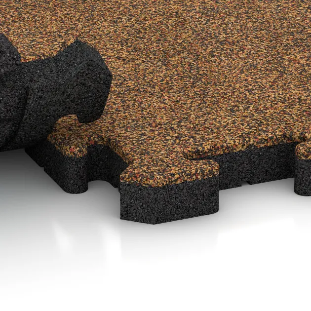 Großaufnahme vom Verbindungssystem von WARCO-Boden 4045 - Dog floor tile im Farbdesign Terra Cotta. Abmessungen 1000 x 1000 x 40 mm.