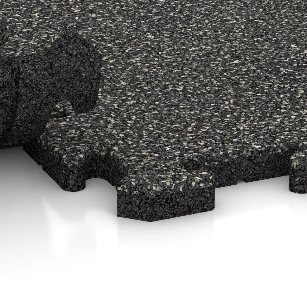 Großaufnahme vom Verbindungssystem von WARCO-Boden 2669 - Dog floor tile im Farbdesign Dark Grey Granite. Abmessungen 50 x 50 x 3 cm | 0,25 m².