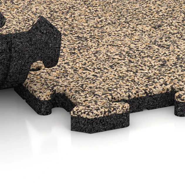 Großaufnahme vom Verbindungssystem von WARCO-Boden 4097 - Rubber sports surface im Farbdesign Travertine. Abmessungen 500 x 500 x 30 mm.