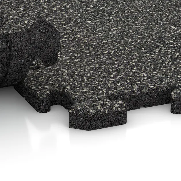 Großaufnahme vom Verbindungssystem von WARCO-Boden 3212 - Playground flooring im Farbdesign Dark Grey Granite. Abmessungen 1000 x 1000 x 30 mm.