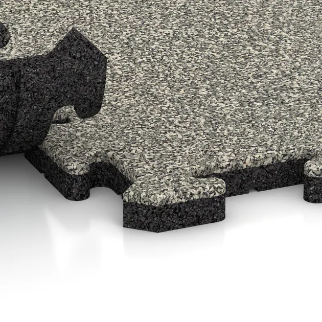 Großaufnahme vom Verbindungssystem von WARCO-Boden 3214 - Playground flooring im Farbdesign Light Granite. Abmessungen 1000 x 1000 x 30 mm.