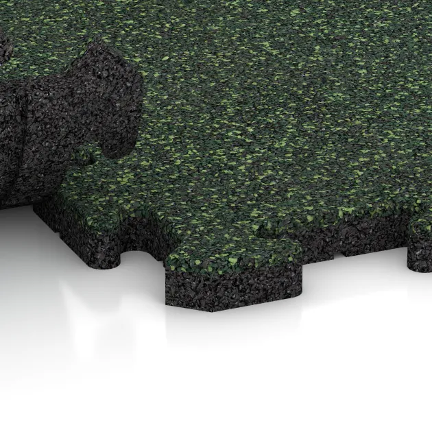 Großaufnahme vom Verbindungssystem von WARCO-Boden 3215 - Playground flooring im Farbdesign English Lawn. Abmessungen 1000 x 1000 x 30 mm.