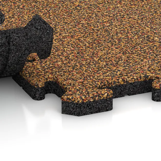 Großaufnahme vom Verbindungssystem von WARCO-Boden 3216 - Playground flooring im Farbdesign Terra Cotta. Abmessungen 1000 x 1000 x 30 mm.