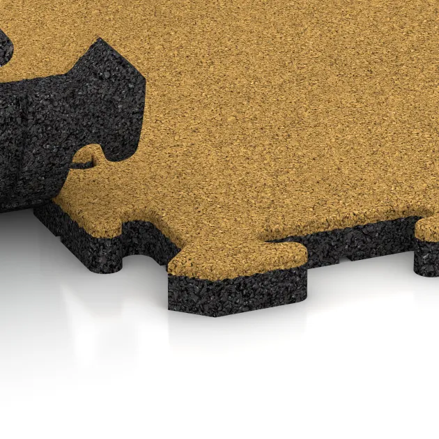Großaufnahme vom Verbindungssystem von WARCO-Boden 6012 - Fitness Floor Protection Mat im Farbdesign Lemon Yellow. Abmessungen 1000 x 1000 x 30 mm.