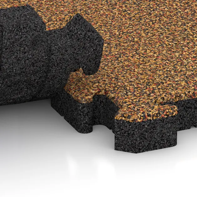 Großaufnahme vom Verbindungssystem von WARCO-Boden 3060 - Rubber paving im Farbdesign Terra Cotta. Abmessungen 500 x 500 x 50 mm.