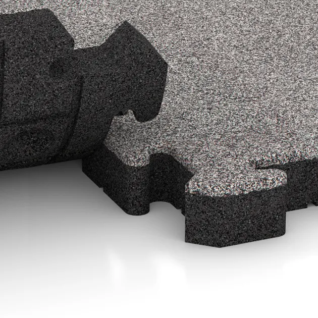 Großaufnahme vom Verbindungssystem von WARCO-Boden 4559 - Rubber paving im Farbdesign Grey Melange. Abmessungen 500 x 500 x 50 mm.