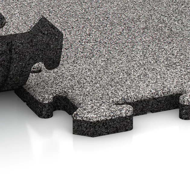 Großaufnahme vom Verbindungssystem von WARCO-Boden 5011 - Corner Tile im Farbdesign Grey Melange. Abmessungen 485 x 485 x 30 mm.