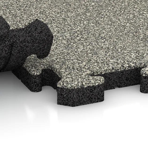 Großaufnahme vom Verbindungssystem von WARCO-Boden 5113 - Corner Tile im Farbdesign Light Granite. Abmessungen 485 x 485 x 40 mm.