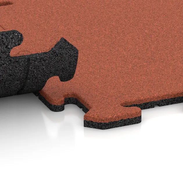 Großaufnahme vom Verbindungssystem von WARCO-Boden 6214 - Balcony tile 1.8 cm – weatherproof im Farbdesign Bright Red-Orange. Abmessungen 500 x 500 x 18 mm.