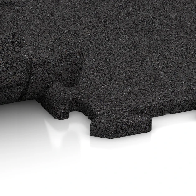 Großaufnahme vom Verbindungssystem von WARCO-Boden 3911 - Dog floor tile im Farbdesign Anthracite. Abmessungen 500 x 500 x 18 mm.