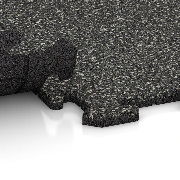 Großaufnahme vom Verbindungssystem von WARCO-Boden 0314 - Fitness Floor Mat 18 mm im Farbdesign Dark Grey Granite. Abmessungen 100 x 100 x 1,8 cm | 1,00 m².