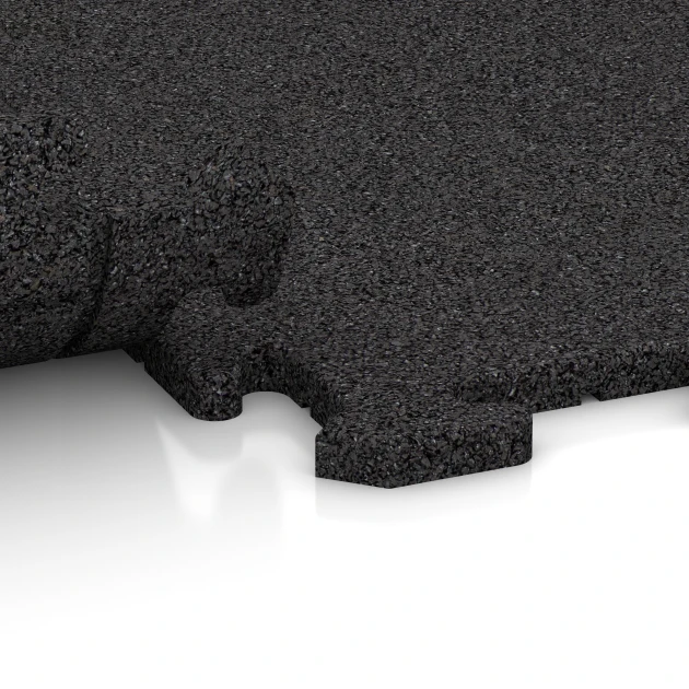 Großaufnahme vom Verbindungssystem von WARCO-Boden 0364 - Rubber stair tile im Farbdesign Anthracite. Abmessungen 1000 x 1000 x 18 mm.