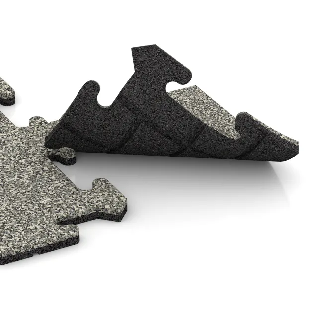 Großaufnahme vom Verbindungssystem von WARCO-Boden 4710 - Corner Tile im Farbdesign Light Granite. Abmessungen 235 x 235 x 18 mm.