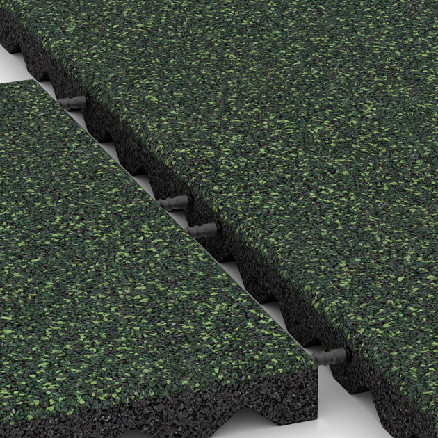 Großaufnahme vom Verbindungssystem von WARCO-Boden 5344 - Playground safety tile im Farbdesign English Lawn. Abmessungen 500 x 500 x 40 mm.