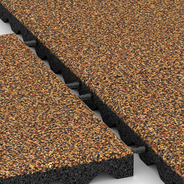 Großaufnahme vom Verbindungssystem von WARCO-Boden 5336 - Playground safety tile im Farbdesign Terra Cotta. Abmessungen 500 x 500 x 40 mm.