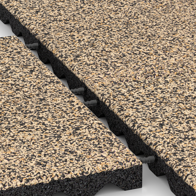 Großaufnahme vom Verbindungssystem von WARCO-Boden 5335 - Playground safety tile im Farbdesign Travertine. Abmessungen 500 x 500 x 40 mm.