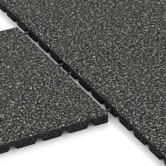 Großaufnahme vom Verbindungssystem von WARCO-Boden 5331 - Playground safety tile im Farbdesign Dark Grey Granite. Abmessungen 500 x 500 x 30 mm.