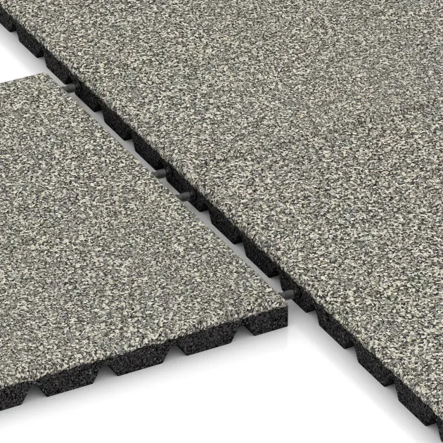Großaufnahme vom Verbindungssystem von WARCO-Boden 5327 - Playground safety tile im Farbdesign Light Granite. Abmessungen 500 x 500 x 30 mm.