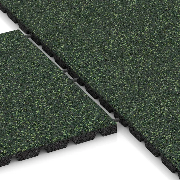 Großaufnahme vom Verbindungssystem von WARCO-Boden 5330 - Playground safety tile im Farbdesign English Lawn. Abmessungen 500 x 500 x 30 mm.