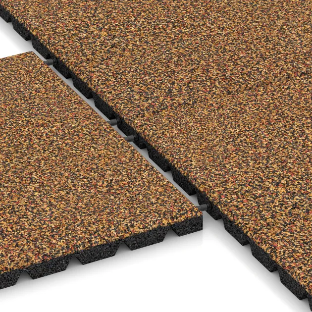Großaufnahme vom Verbindungssystem von WARCO-Boden 5322 - Playground safety tile im Farbdesign Terra Cotta. Abmessungen 500 x 500 x 30 mm.