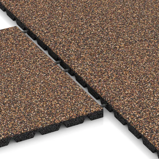Großaufnahme vom Verbindungssystem von WARCO-Boden 5332 - Playground safety tile im Farbdesign Bark & Bast. Abmessungen 500 x 500 x 30 mm.