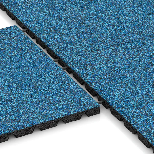 Großaufnahme vom Verbindungssystem von WARCO-Boden 5333 - Playground safety tile im Farbdesign Atlantic. Abmessungen 500 x 500 x 30 mm.