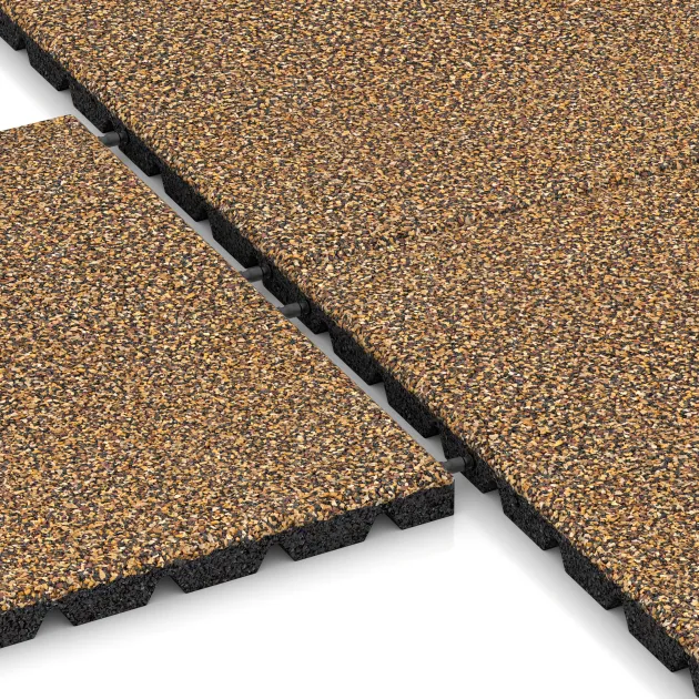 Großaufnahme vom Verbindungssystem von WARCO-Boden 5324 - Playground safety tile im Farbdesign Rattan Lounge. Abmessungen 500 x 500 x 30 mm.